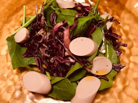 魚ニソと紫キャベツ、サラダほうれん草のサラダ